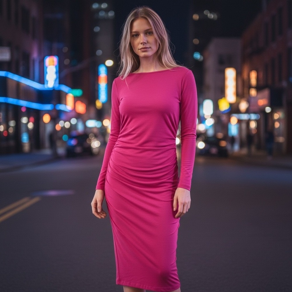 The‎ J Peterman Company Secret Keeper Dress Midi Hot Pink Long Sleeve Size Small